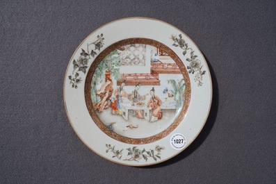 A fine Chinese famille rose plate with ladies in a garden, Yongzheng
